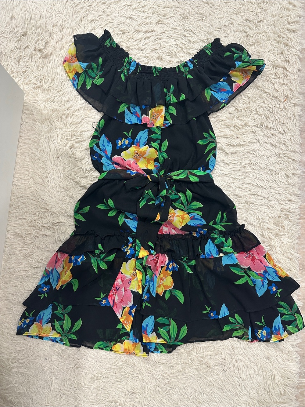 Ralph Lauren Black Floral Midi Dress with Multicolor Blooms